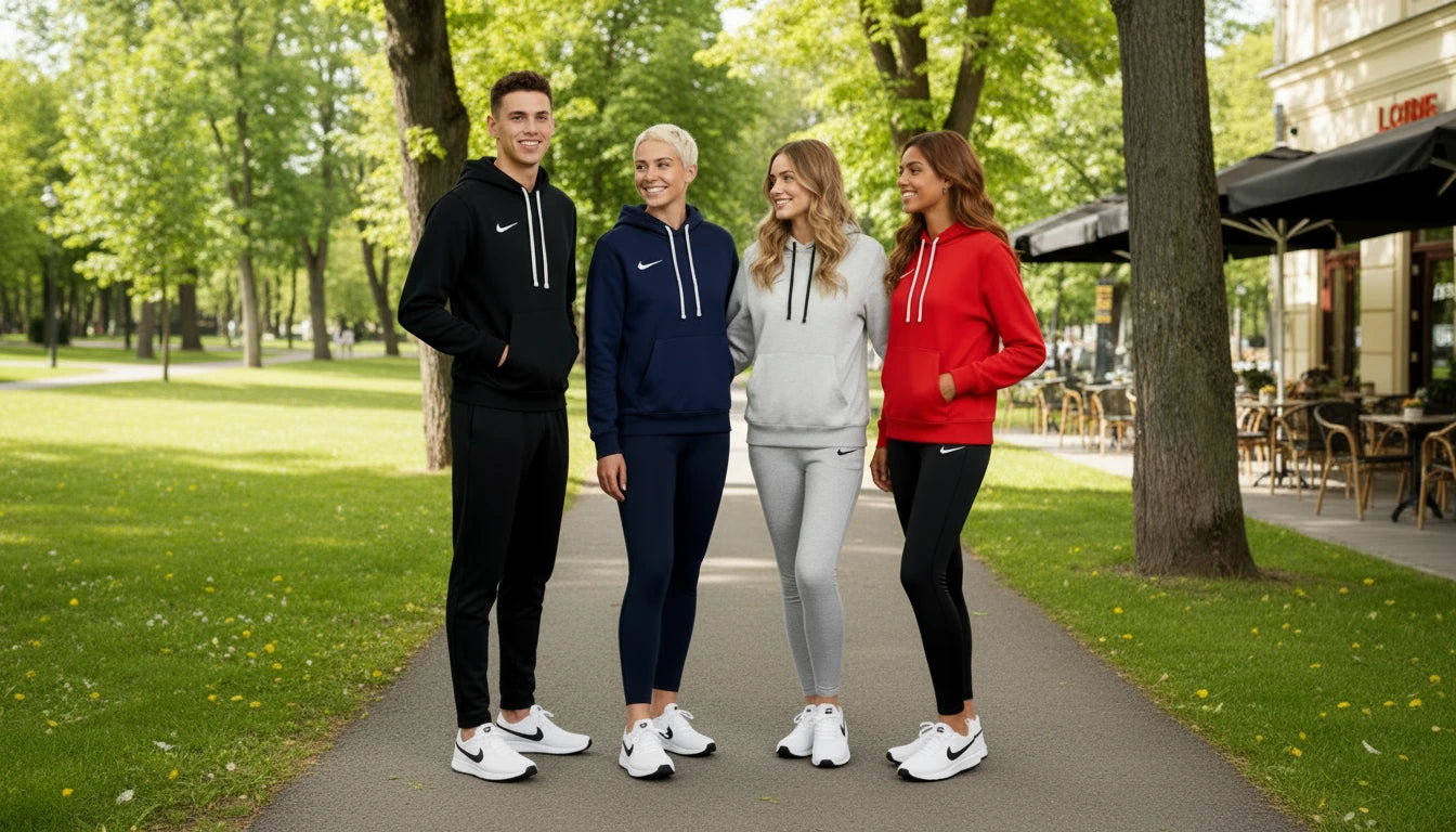 Four people walking together on a path in a park with trees and outdoor seating in the background.