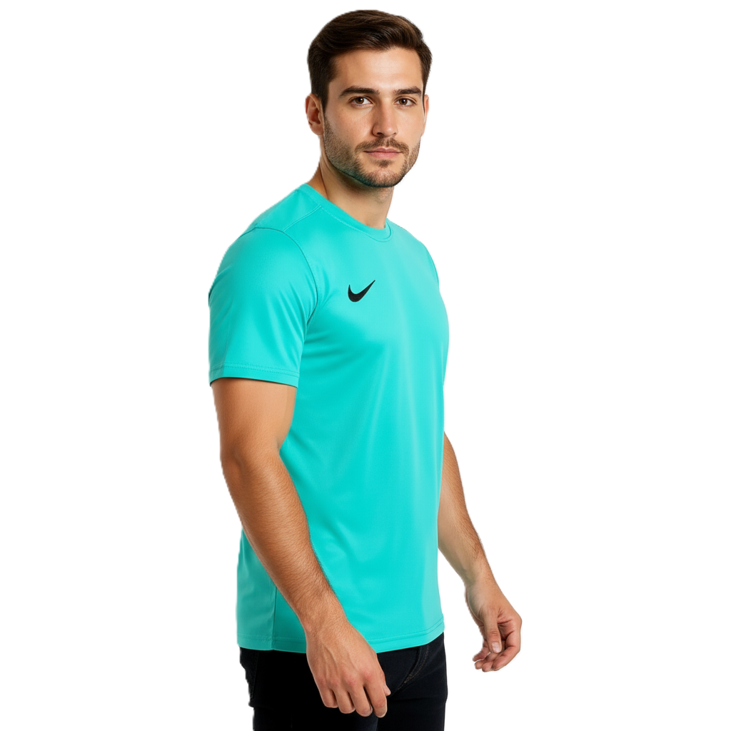 Man wearing a turquoise Nike Park 7 t-shirt on a white background