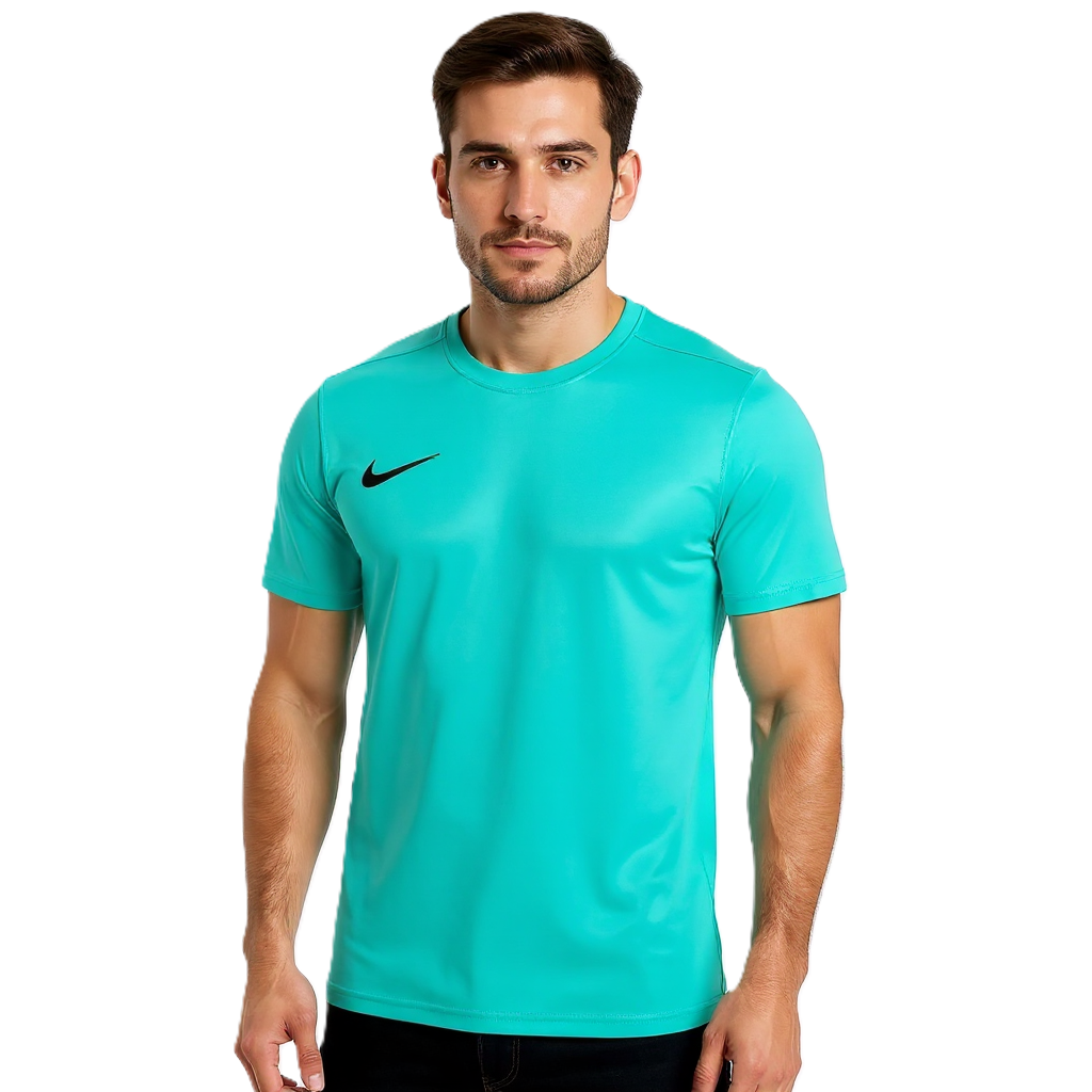 Man wearing a turquoise Nike Park 7 Turquoise  t-shirt on a white background