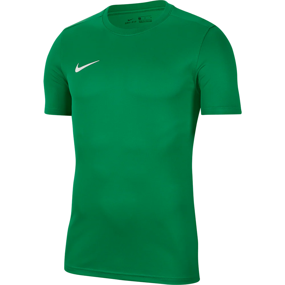 Green t-shirt with a white logo on a white background