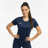 Woman wearing a navy blue Nike t-shirt on a white background