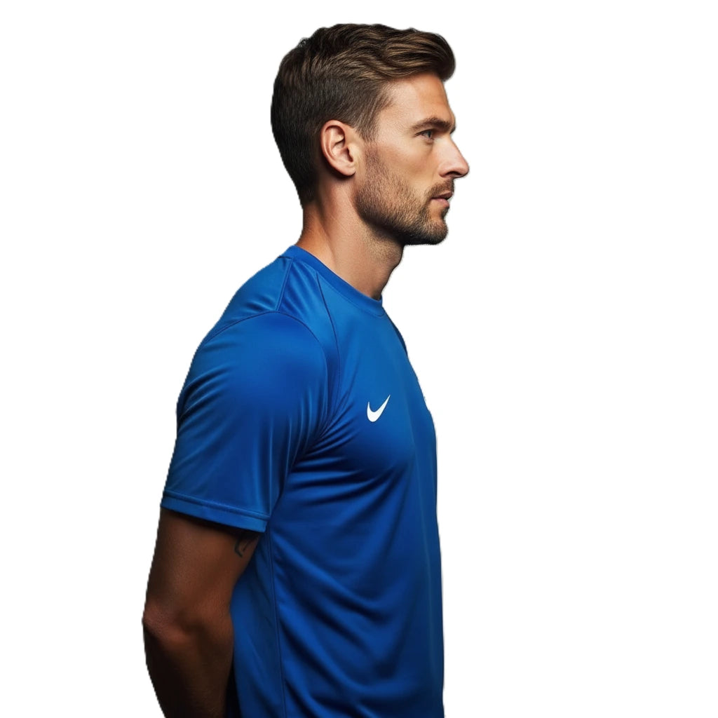 Man wearing a blue Nike shirt on a white background