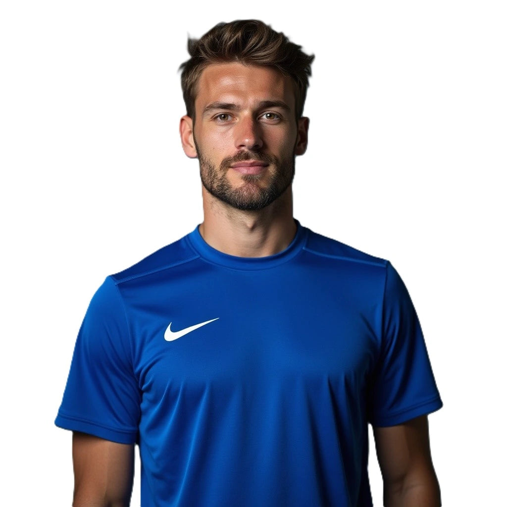 Man wearing a blue Nike shirt on a white background