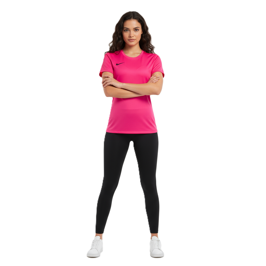 Woman wearing a pink Nike t-shirt and black leggings on a white background