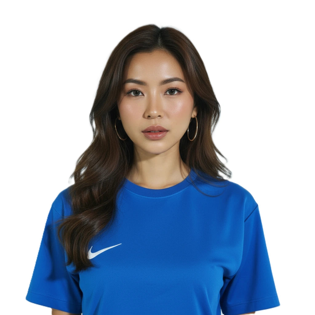 Woman wearing a blue Nike shirt on a white background