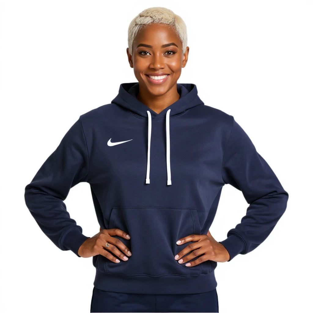 Person wearing a navy blue Nike Park 20 hoodie with a white logo on a white background