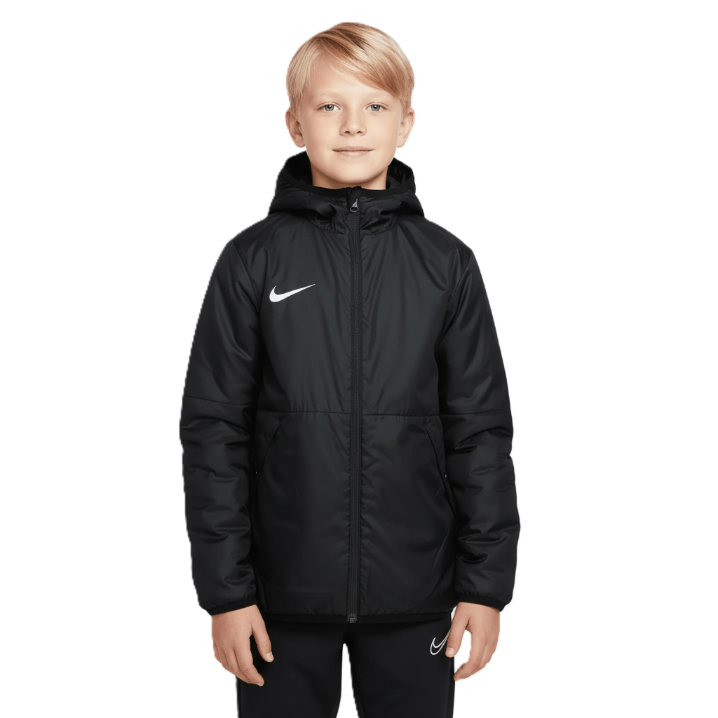 Child wearing a black Nike Therma Repel jacket on a white background