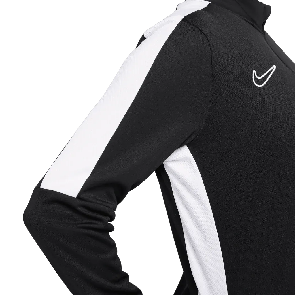 Arm detail of Nike black jacket with bold white stripe and embroidered Swoosh on sleeve