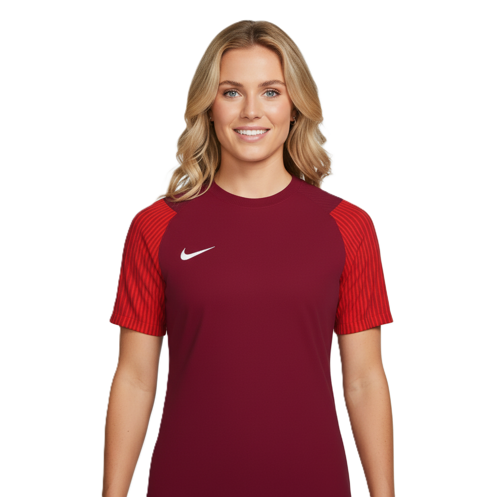 Woman wearing a maroon sports jersey with red sleeves on a white background