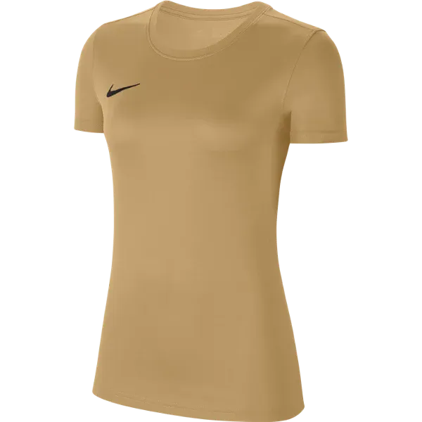 Front view of Nike Women's Park 7 Jersey in gold with black swoosh logo