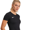 Woman wearing a black Nike t-shirt on a white background