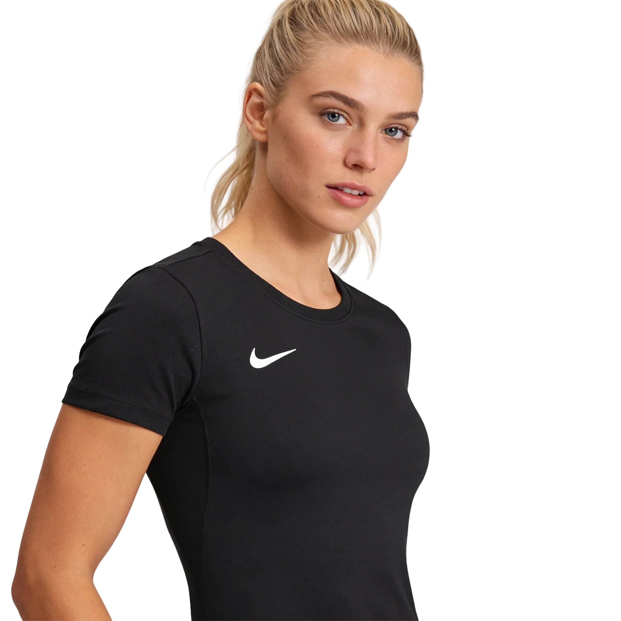 Woman wearing a black Nike t-shirt on a white background