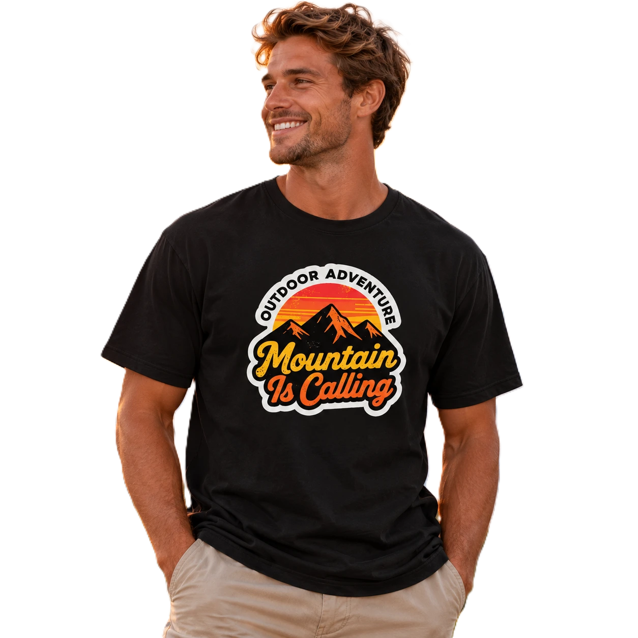 Man wearing black Empulse Outdoors Sorona boxy tee with Mountain Is Calling sunset graphic