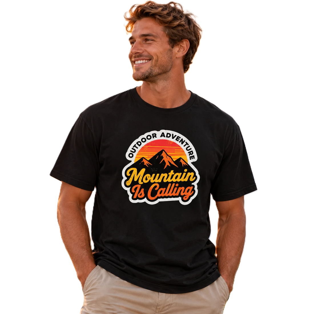 Man wearing black Empulse Outdoors Sorona boxy tee with Mountain Is Calling sunset graphic