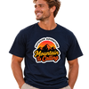 Man wearing dark blue Empulse Outdoors Sorona boxy tee with Mountain Is Calling graphic