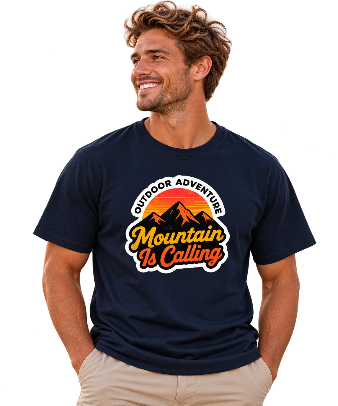 Man wearing dark blue Empulse Outdoors Sorona boxy tee with Mountain Is Calling graphic