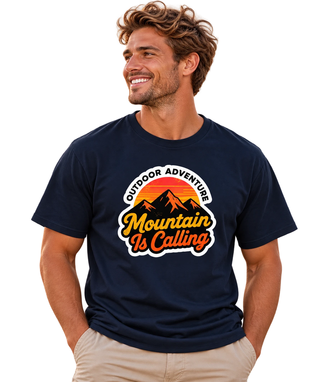 Man wearing dark blue Empulse Outdoors Sorona boxy tee with Mountain Is Calling graphic