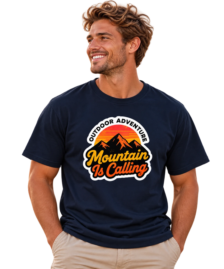Man wearing dark blue Empulse Outdoors Sorona boxy tee with Mountain Is Calling graphic