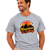 Man wearing flower grey Empulse Outdoors Sorona boxy tee with Mountain Is Calling sunset graphic