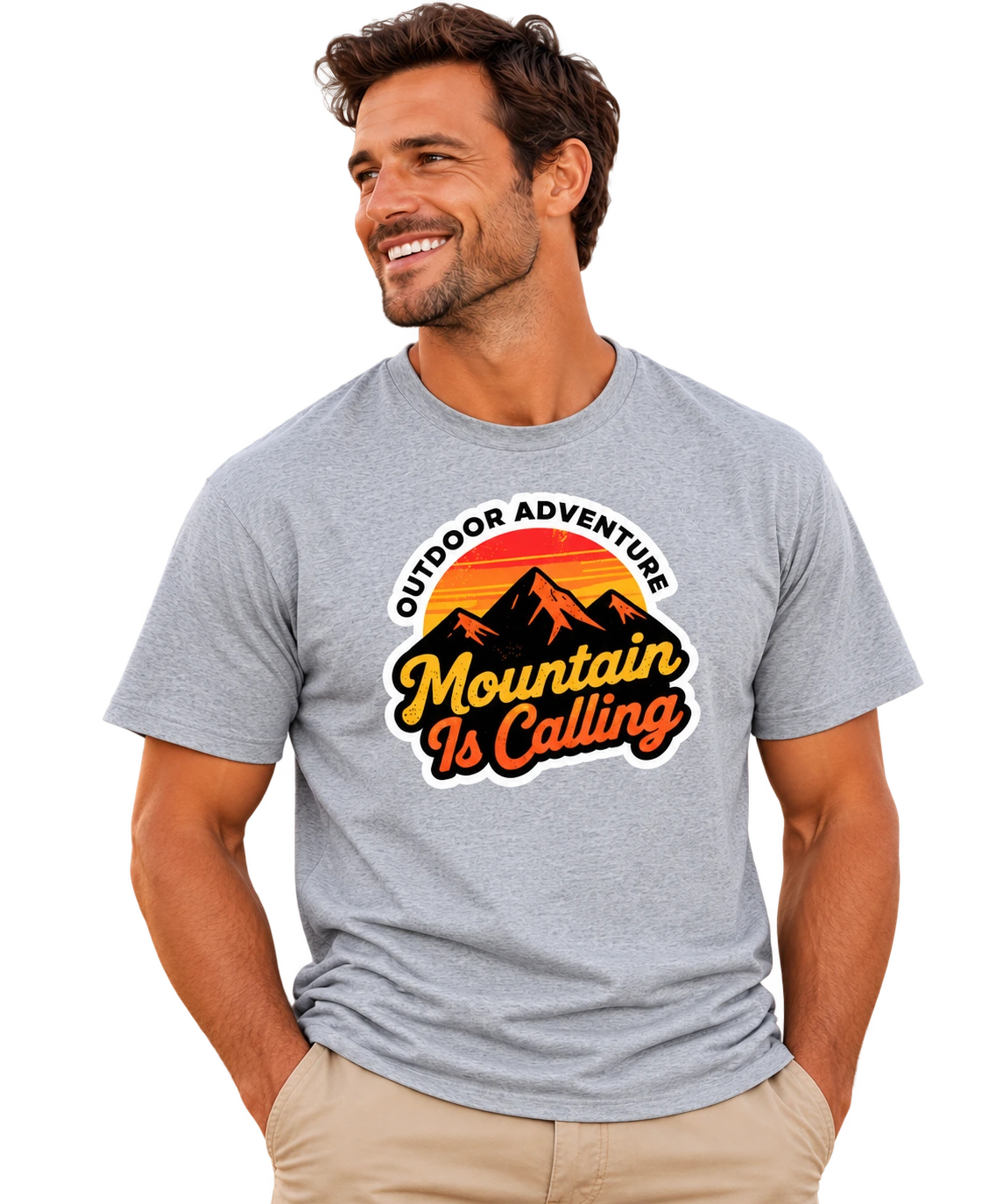Man wearing flower grey Empulse Outdoors Sorona boxy tee with Mountain Is Calling sunset graphic