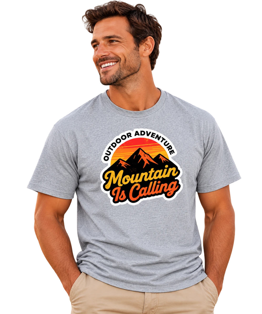Man wearing flower grey Empulse Outdoors Sorona boxy tee with Mountain Is Calling sunset graphic