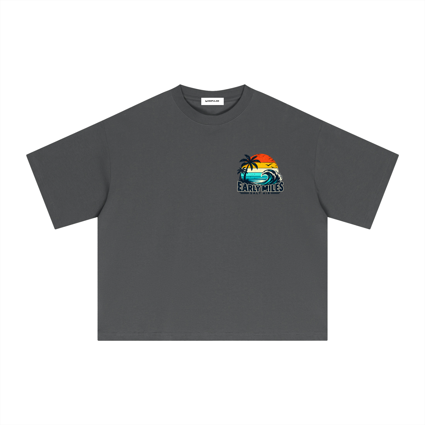 Empulse Coastal Run Club Sorona boxy tee in charcoal grey, front view with small sunset chest graphic