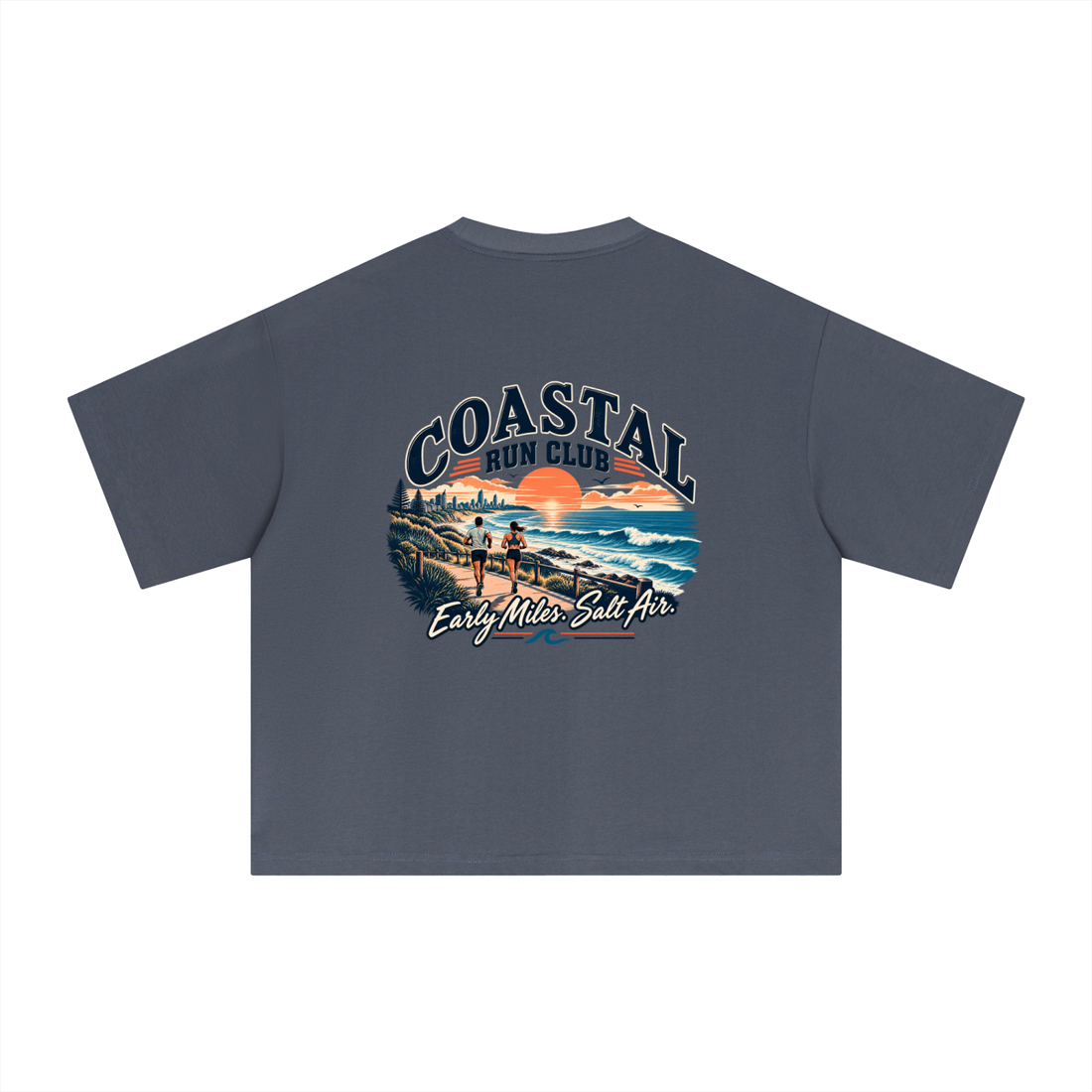 Empulse Coastal Run Club Sorona boxy tee in navy blue, back view with coastal runners print