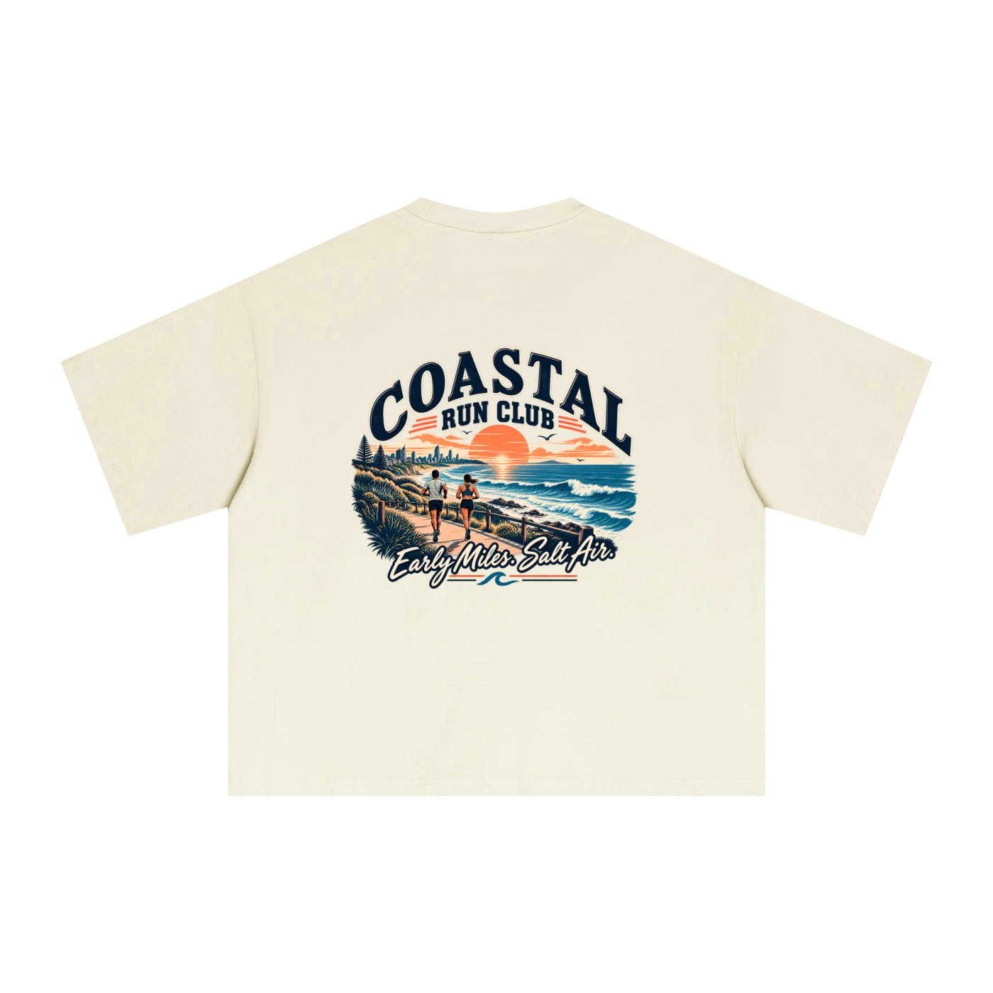 Empulse Coastal Run Club Sorona boxy tee in light apricot, back view with Early Miles Salt Air print