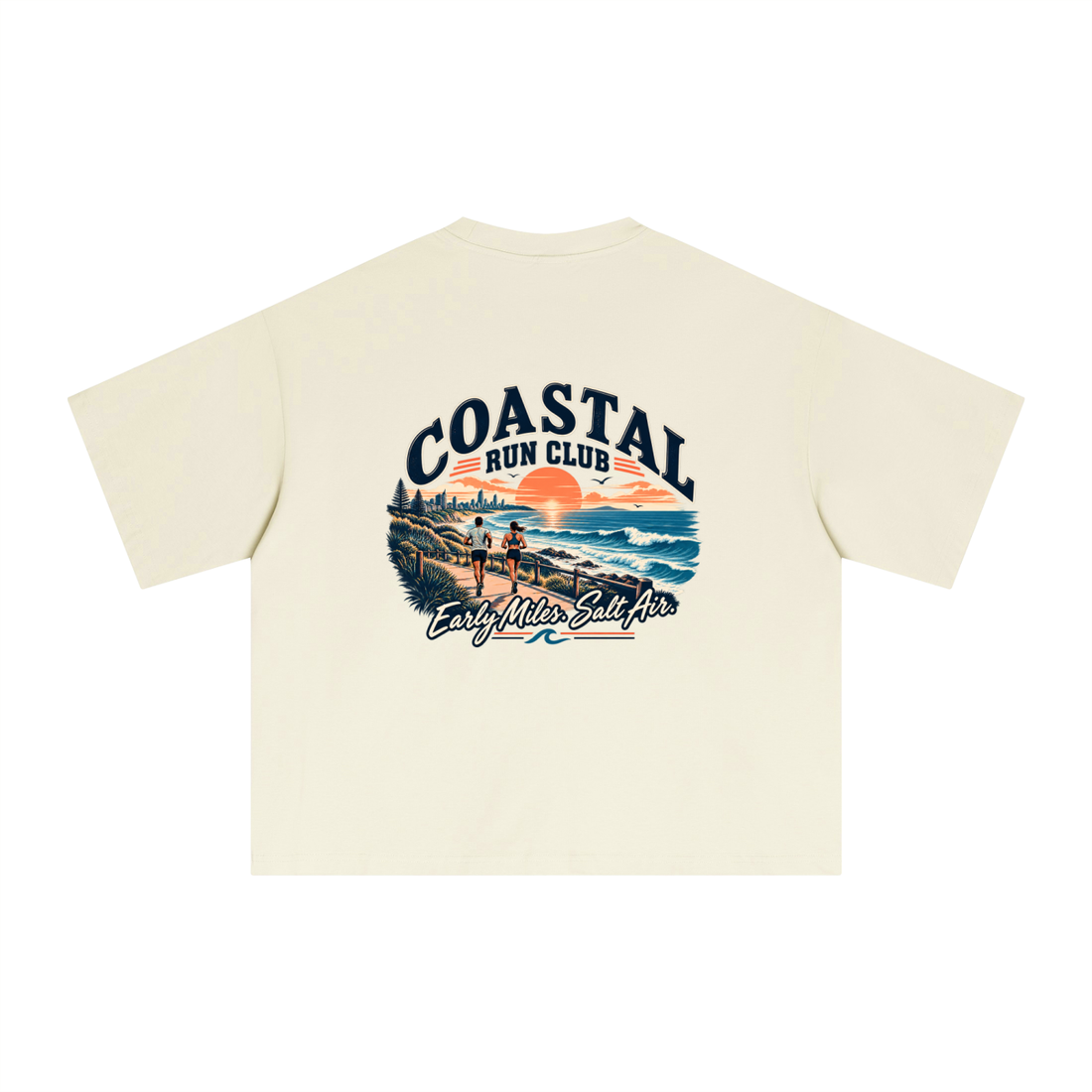 Empulse Coastal Run Club Sorona boxy tee in light apricot, back view with Early Miles Salt Air print