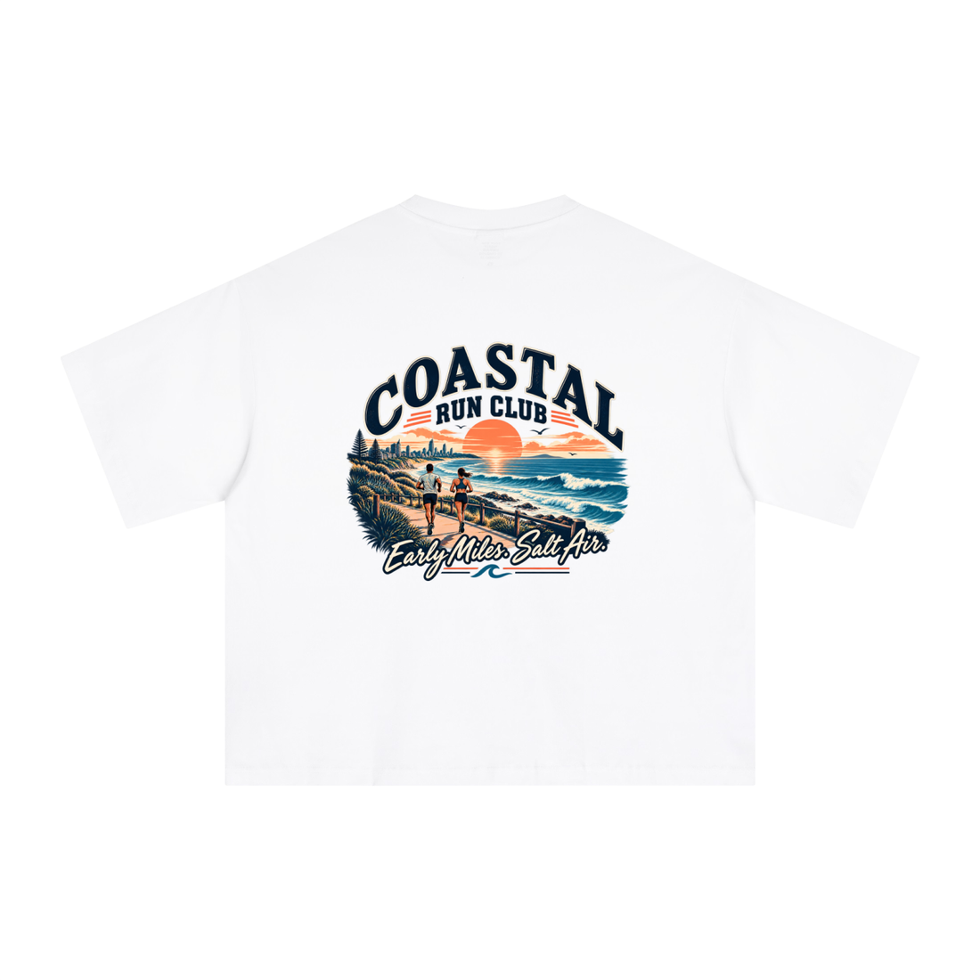 Empulse Coastal Run Club Sorona boxy tee in white, back view with coastal runners print