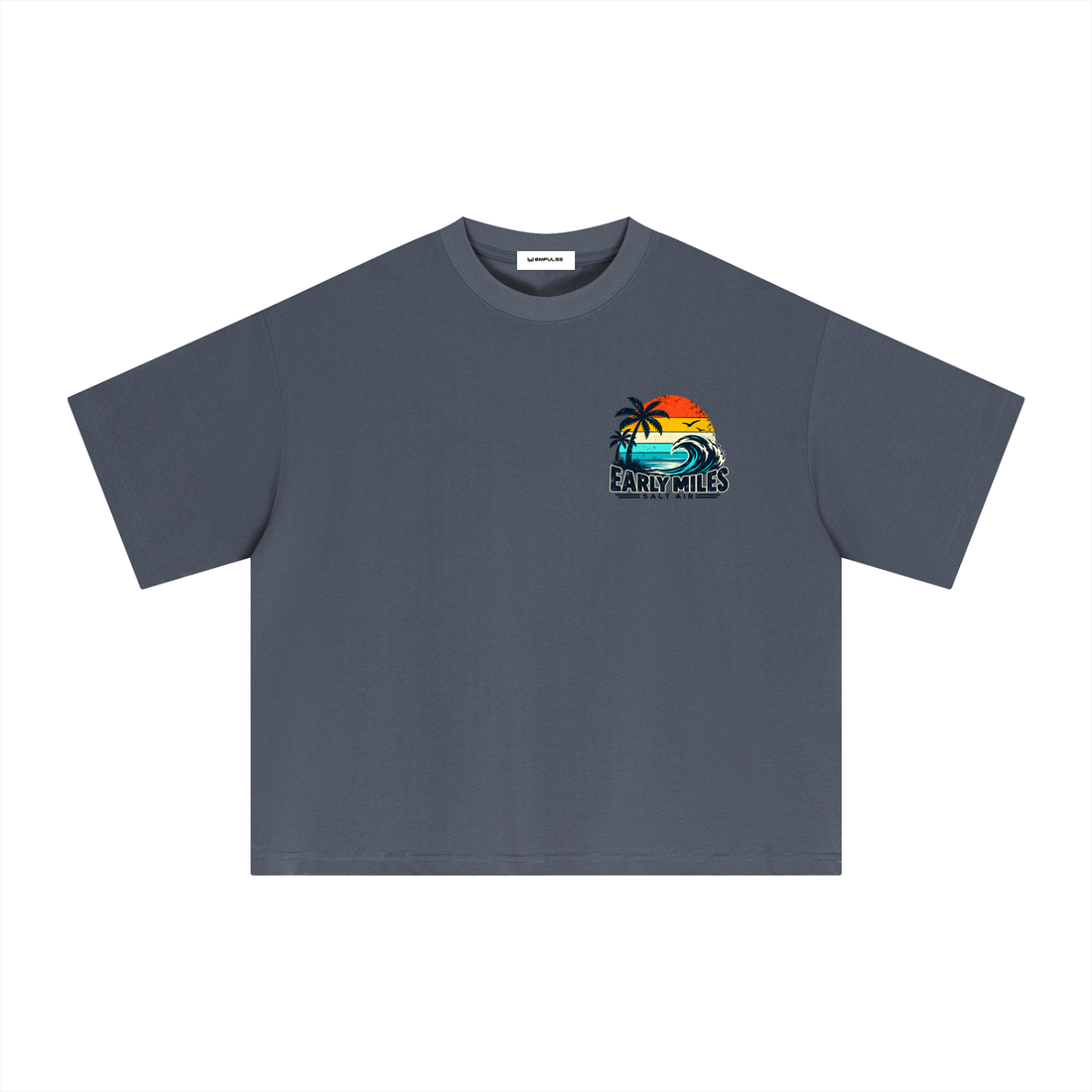 Empulse Coastal Run Club Sorona boxy tee in navy blue, front view with small sunset chest graphic