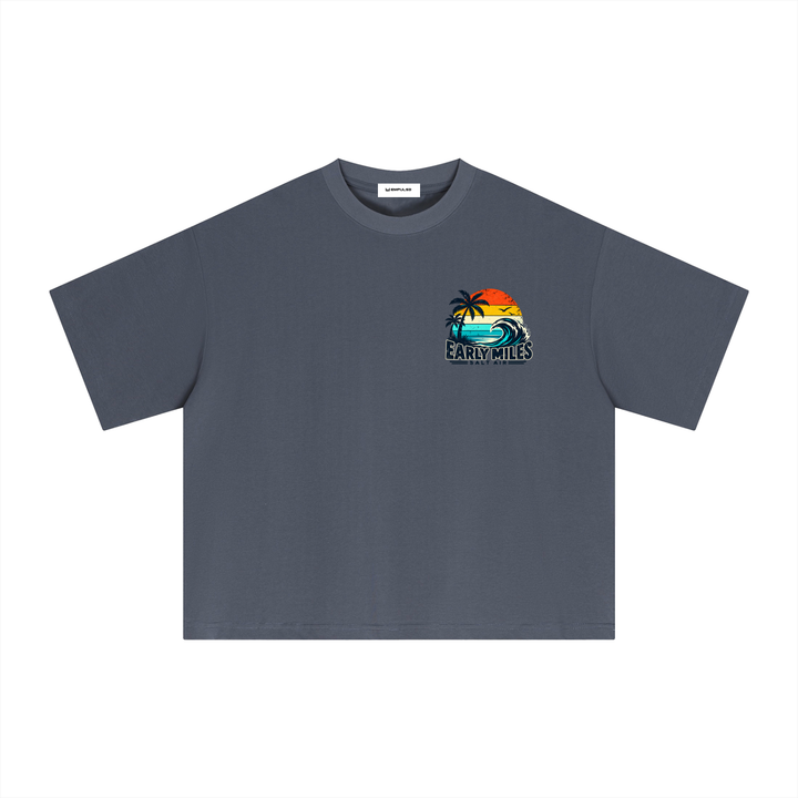 Empulse Coastal Run Club Sorona boxy tee in navy blue, front view with small sunset chest graphic