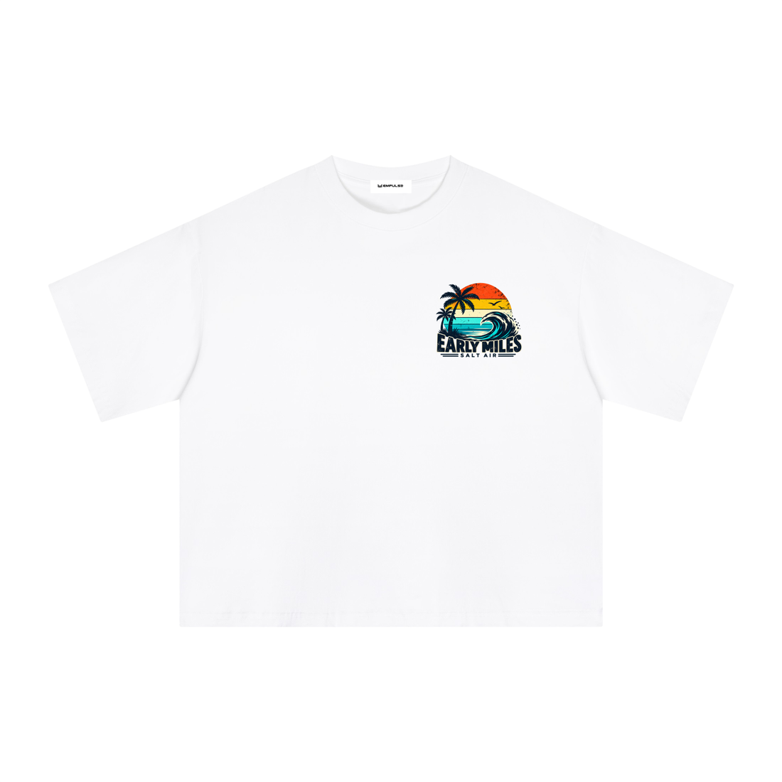 Empulse Coastal Run Club Sorona boxy tee in white, front view with small sunset chest graphic