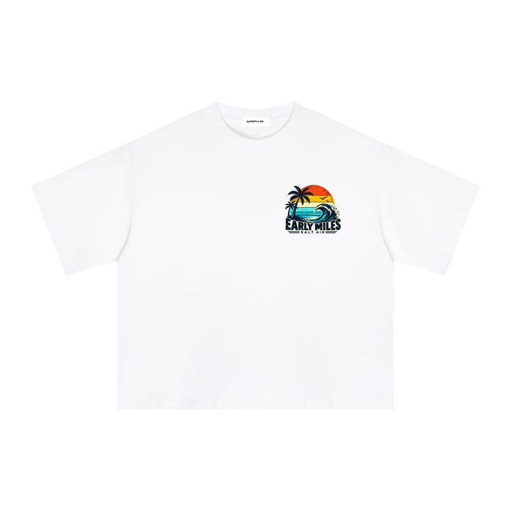 Empulse Coastal Run Club Sorona boxy tee in white, front view with small sunset chest graphic
