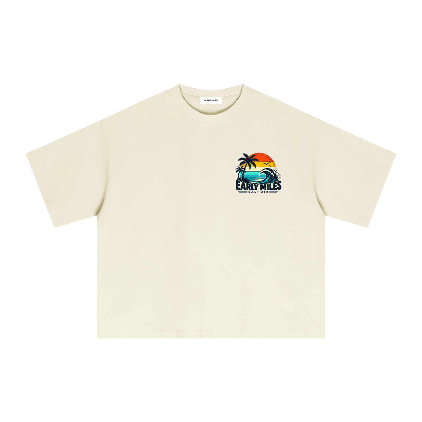Empulse Coastal Run Club Sorona boxy tee in light apricot, front view with small sunset chest graphic