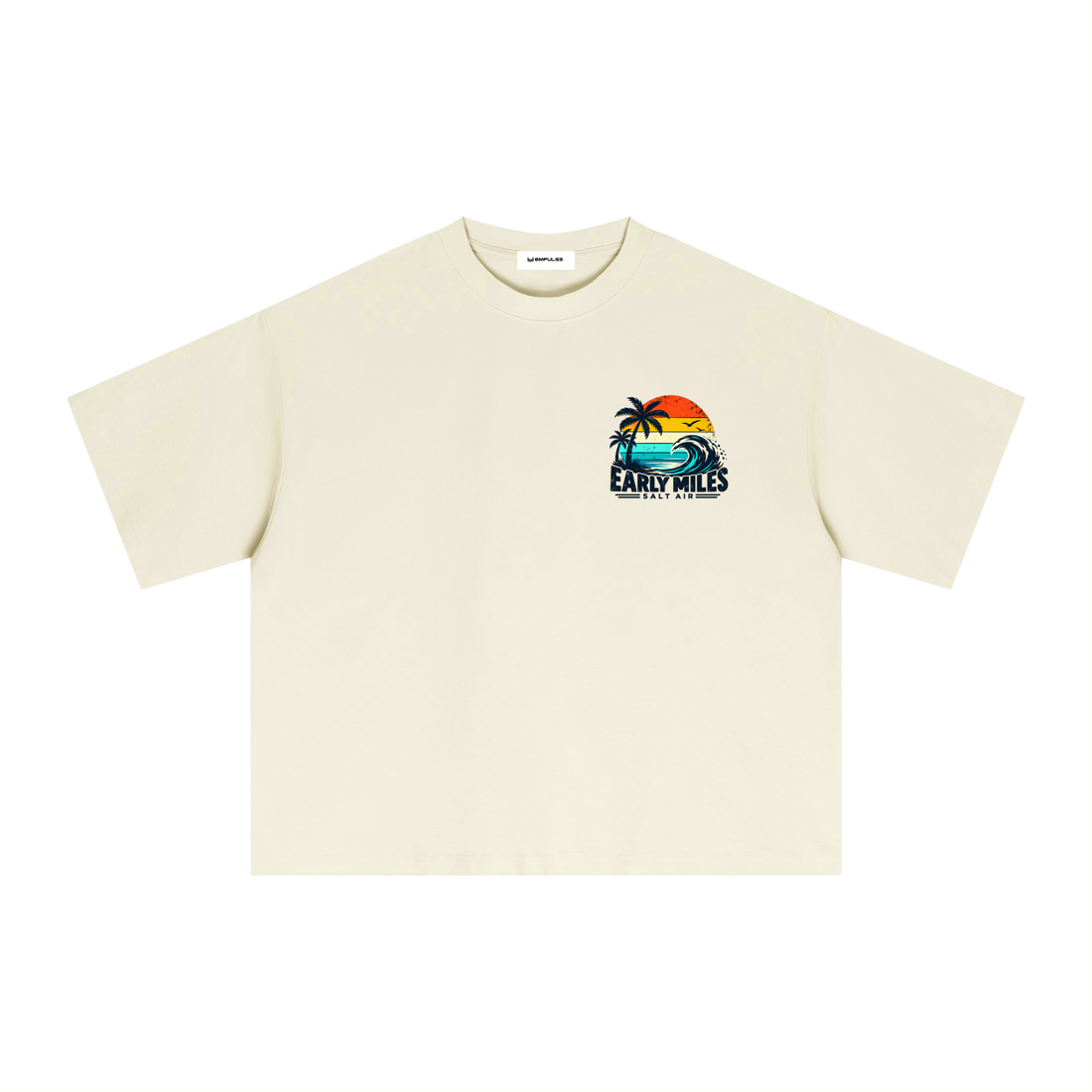 Empulse Coastal Run Club Sorona boxy tee in light apricot, front view with small sunset chest graphic