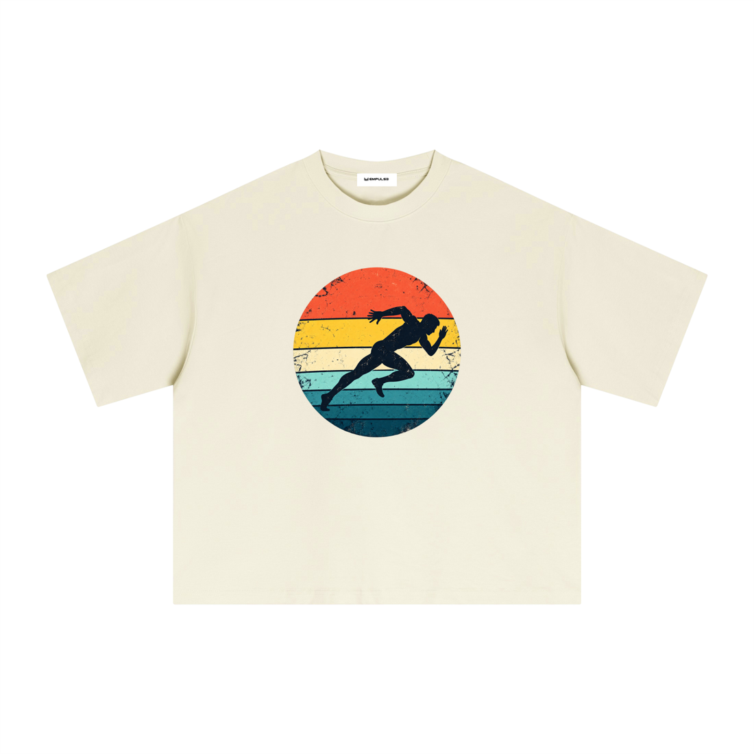 Empulse Running Man Sorona boxy tee in light apricot, front view with retro sunset runner graphic
