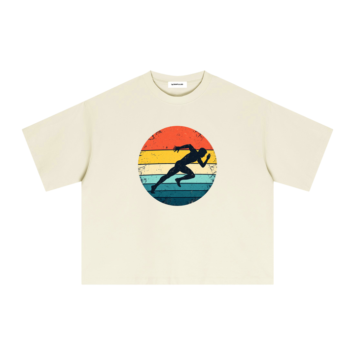 Empulse Running Man Sorona boxy tee in light apricot, front view with retro sunset runner graphic