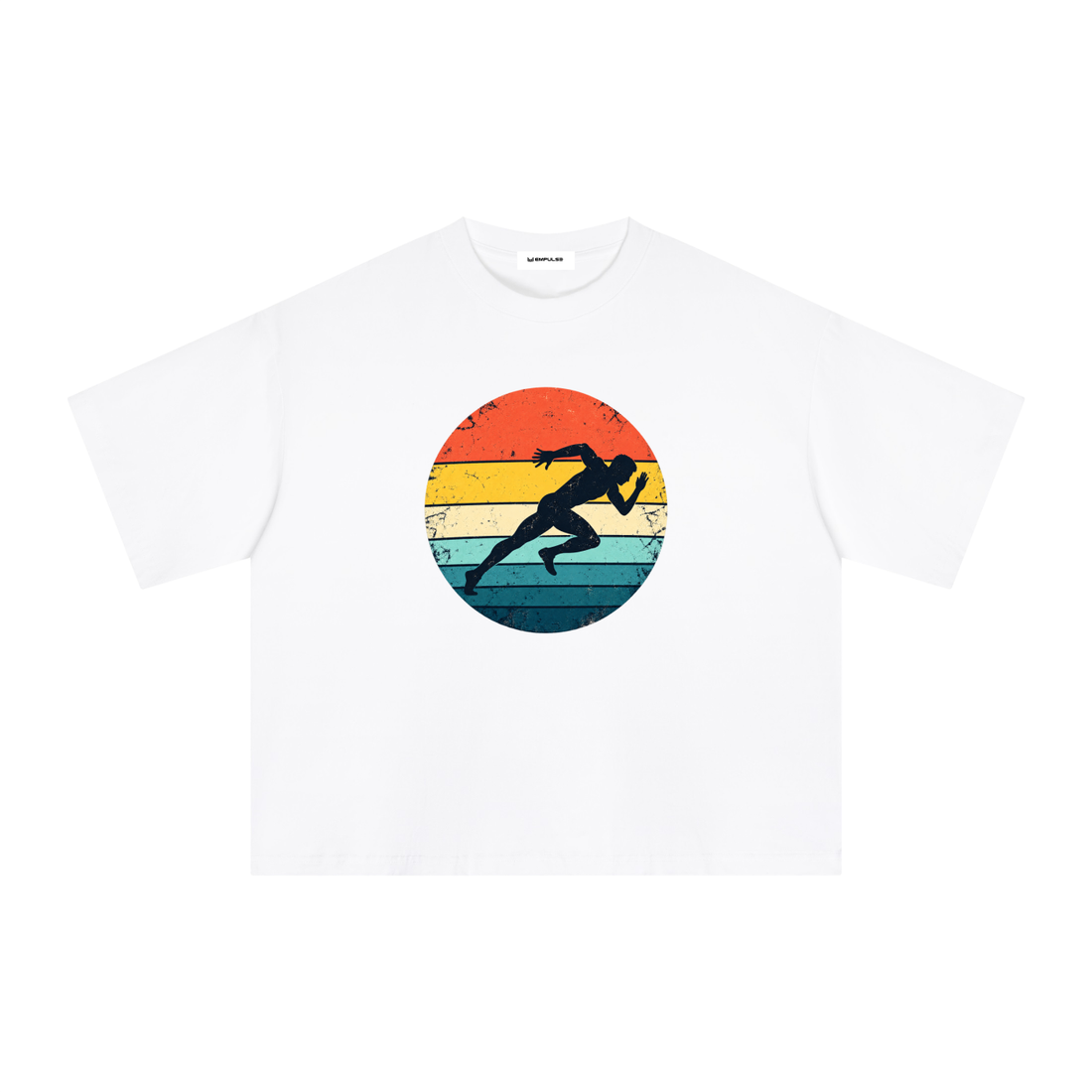 Empulse Running Man Sorona boxy tee in white, front view with retro sunset runner graphic