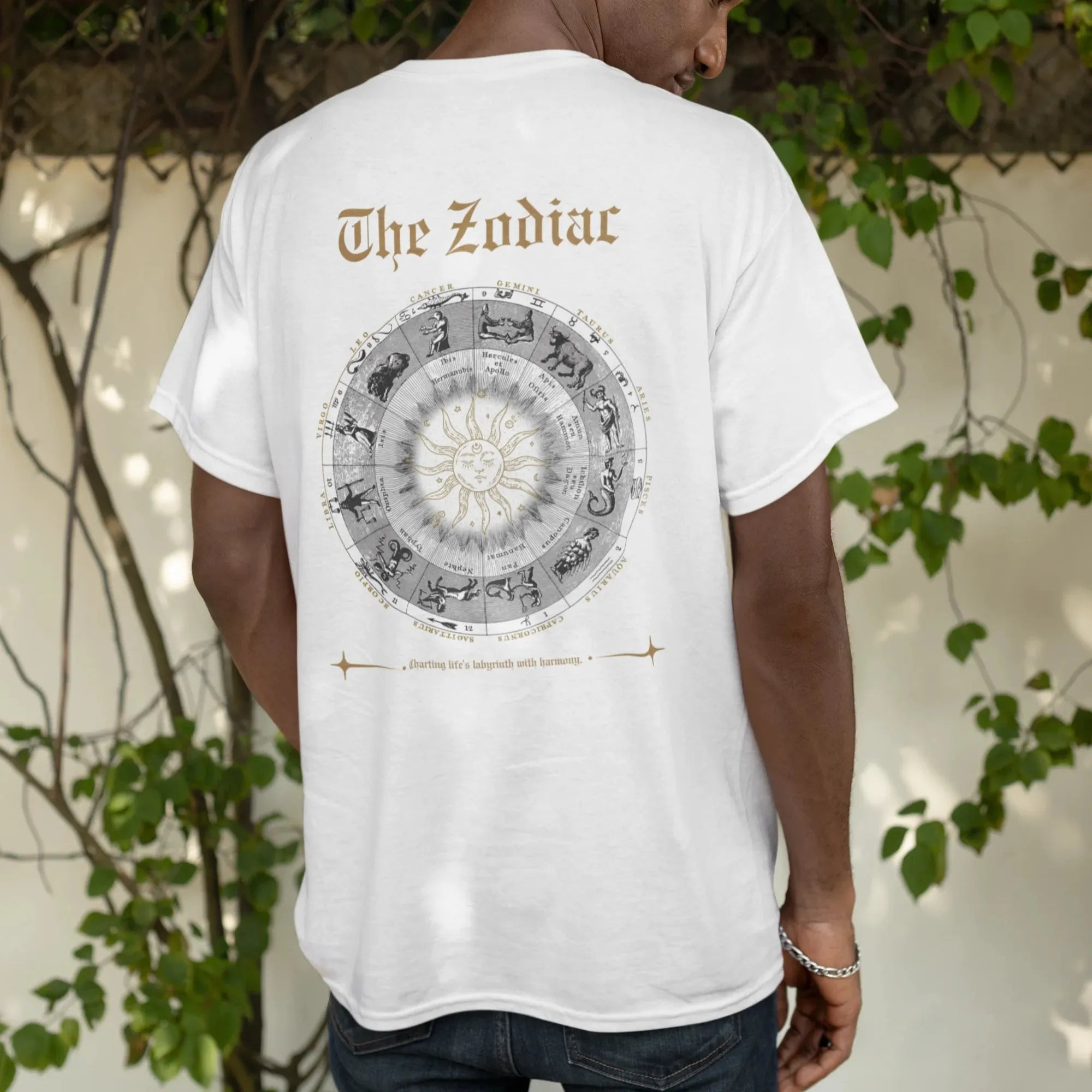 Eco Threads Zodiac Vibes tee, back view on model