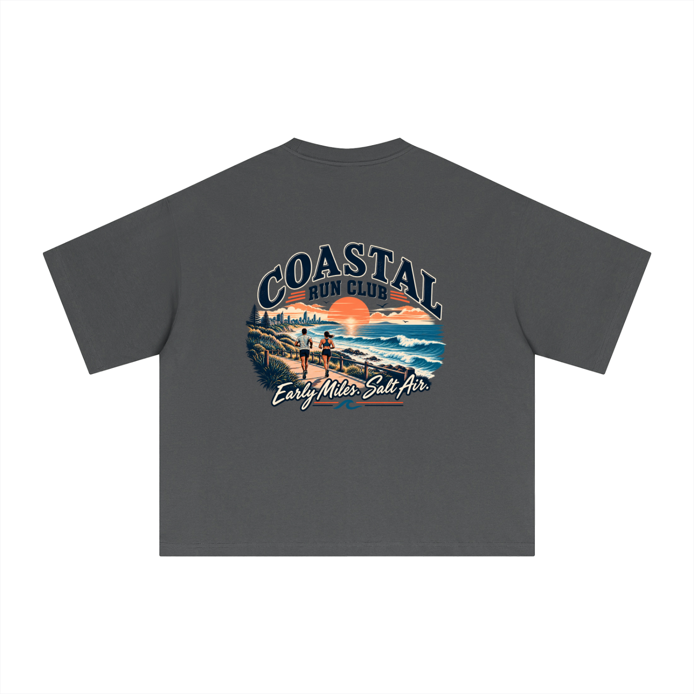 Empulse Coastal Run Club Sorona boxy tee in charcoal grey, back view with coastal runners print