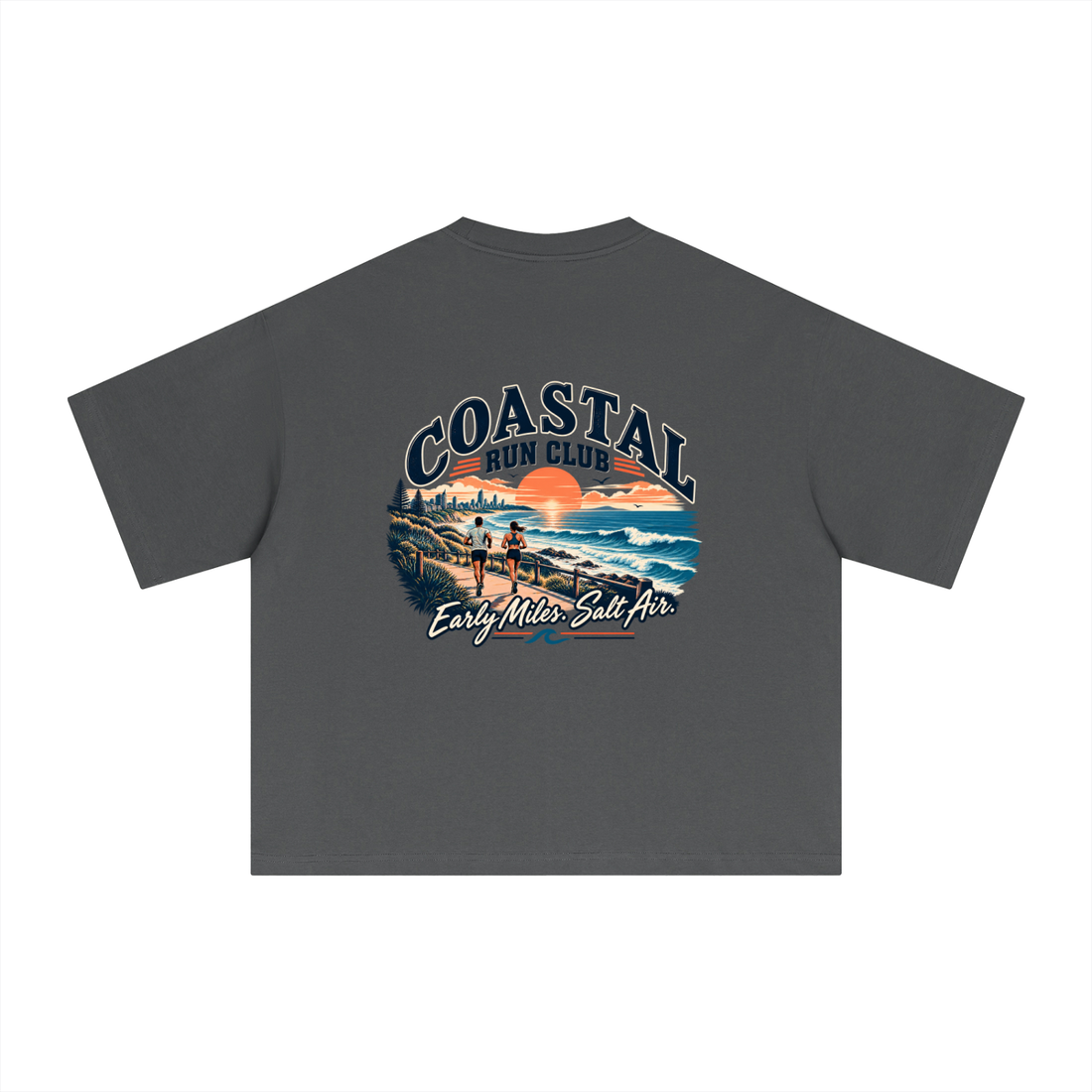 Empulse Coastal Run Club Sorona boxy tee in charcoal grey, back view with coastal runners print