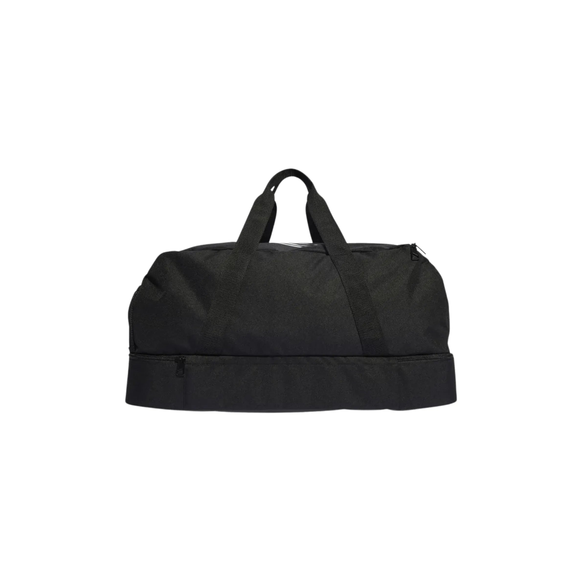Flat rear view of black Adidas gym bag without model