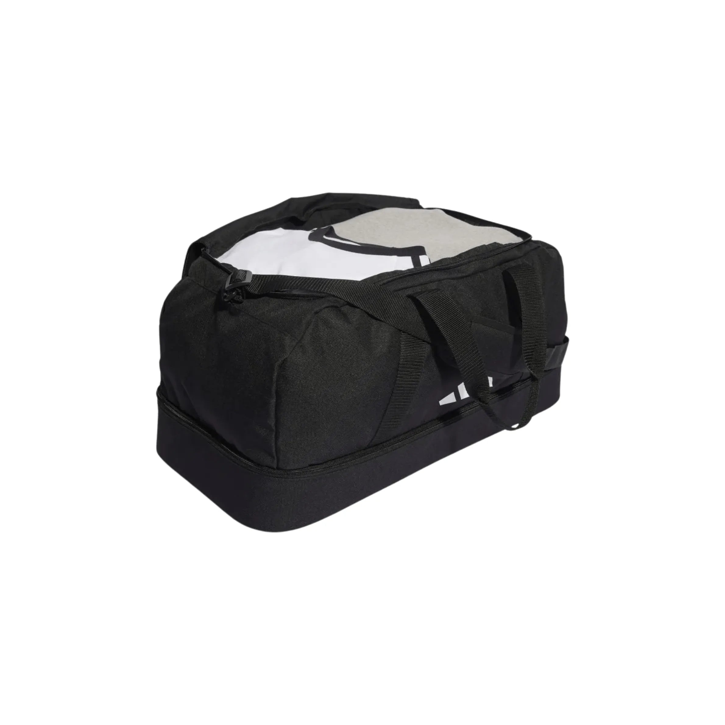 Open top view of black Adidas sports bag with visible interior