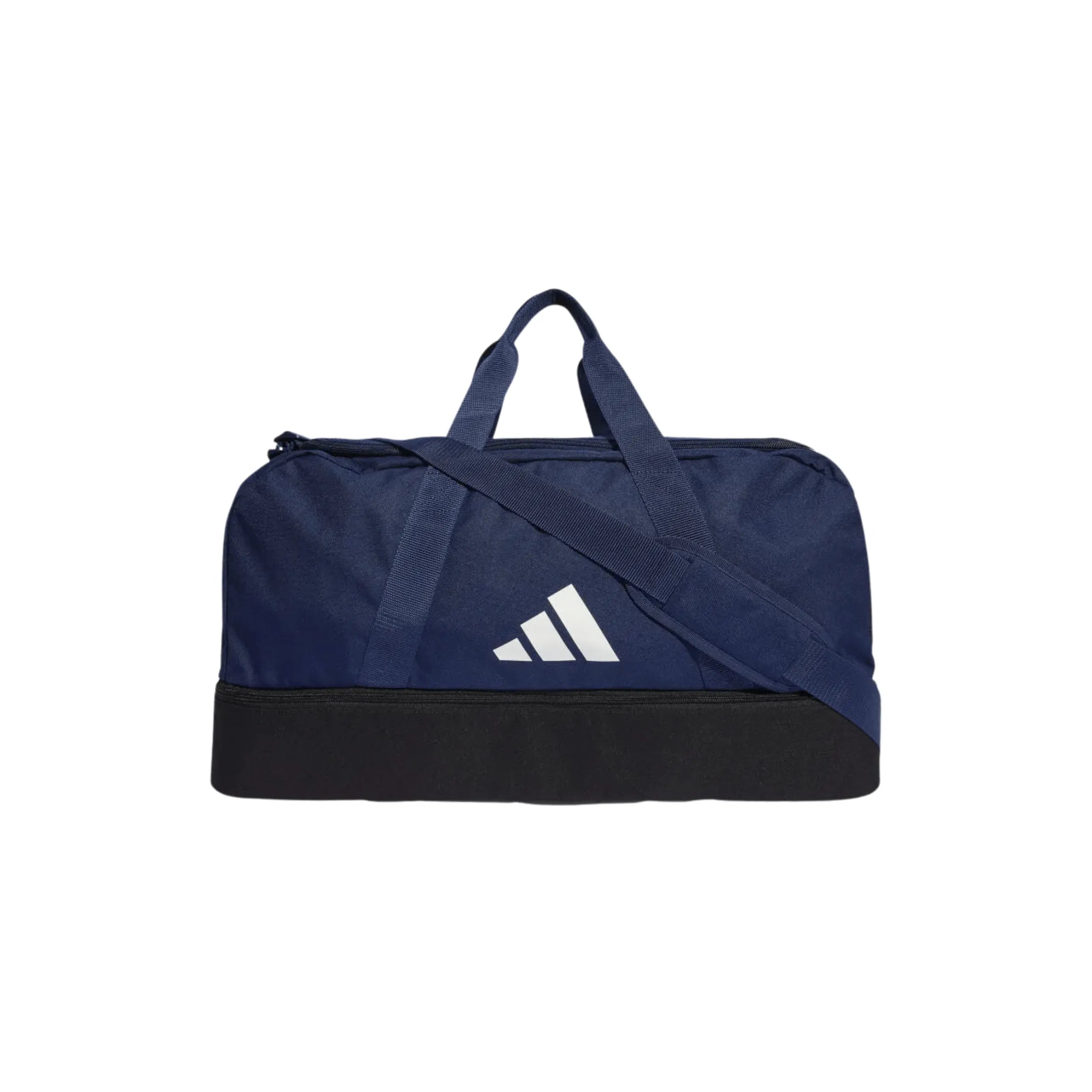 Front view of navy Adidas duffel bag showing white logo