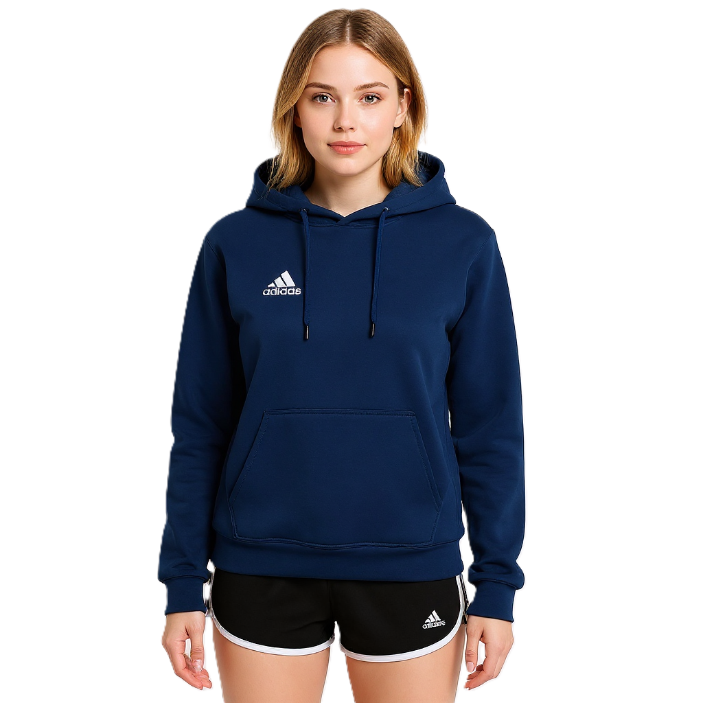 Woman wearing a navy blue Adidas hoodie and black shorts with white stripes on a white background