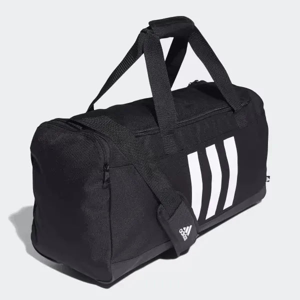 Angled shot of Adidas Duffel Bag showing three stripes and sturdy carry handles