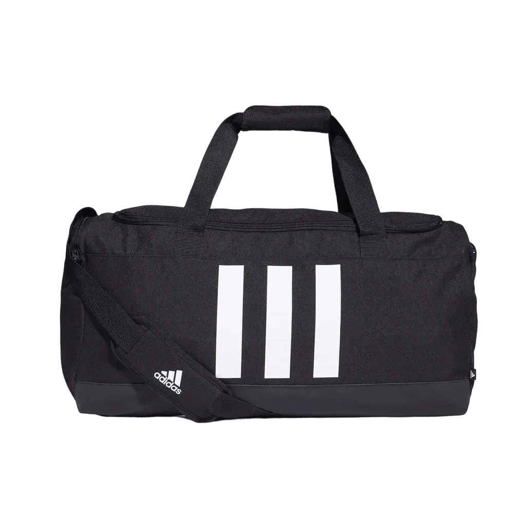 Side profile of Adidas Essentials Duffel Bag showing iconic three white stripes