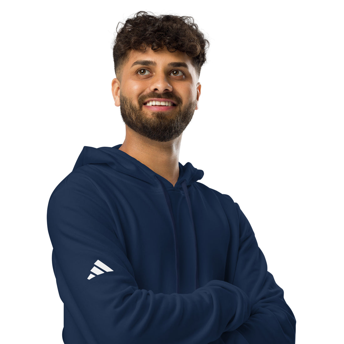 EMPULSE® x adidas Wanted Dead or Alive hoodie Navy, male model front view smiling