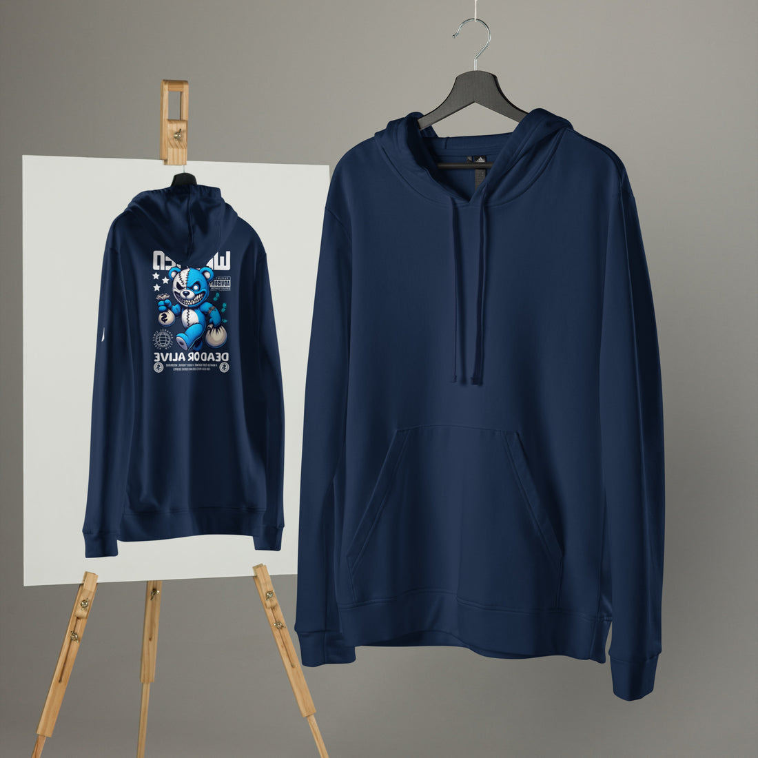 EMPULSE® x adidas Wanted Dead or Alive hoodie Navy, flat lay on hanger with back graphic showing